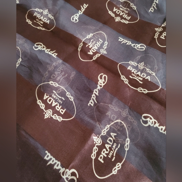 Vintage Prada Milano Logo Stripled Brown & Gold Silk Chiffon Scarf - Picture 4 of 6